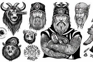 Norse God Odin head with one of his eyes blue and wearing a bear hat in American traditional tattoo style tattoo idea