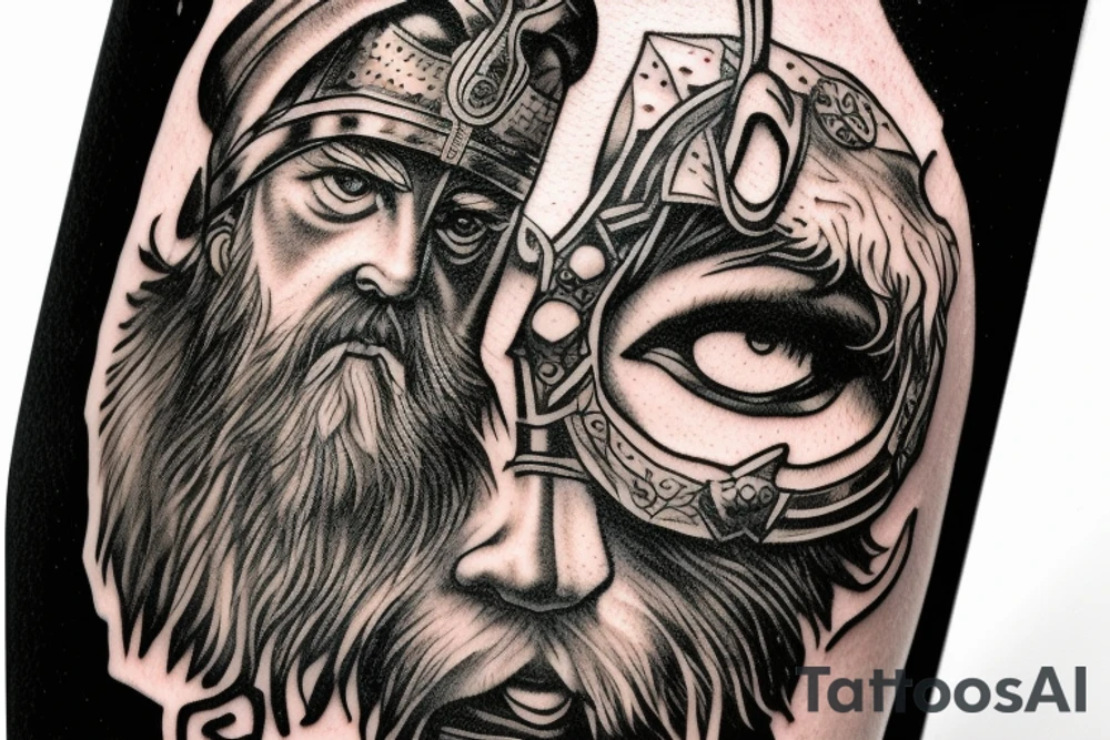 Norse God Odin head with one of his eyes blue and wearing a bear hat in American traditional tattoo style tattoo idea