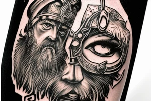 Norse God Odin head with one of his eyes blue and wearing a bear hat in American traditional tattoo style tattoo idea