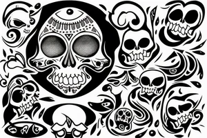 Droopy eye with skull behind tattoo idea