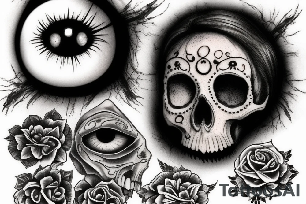 Scary eye with skull behind tattoo idea