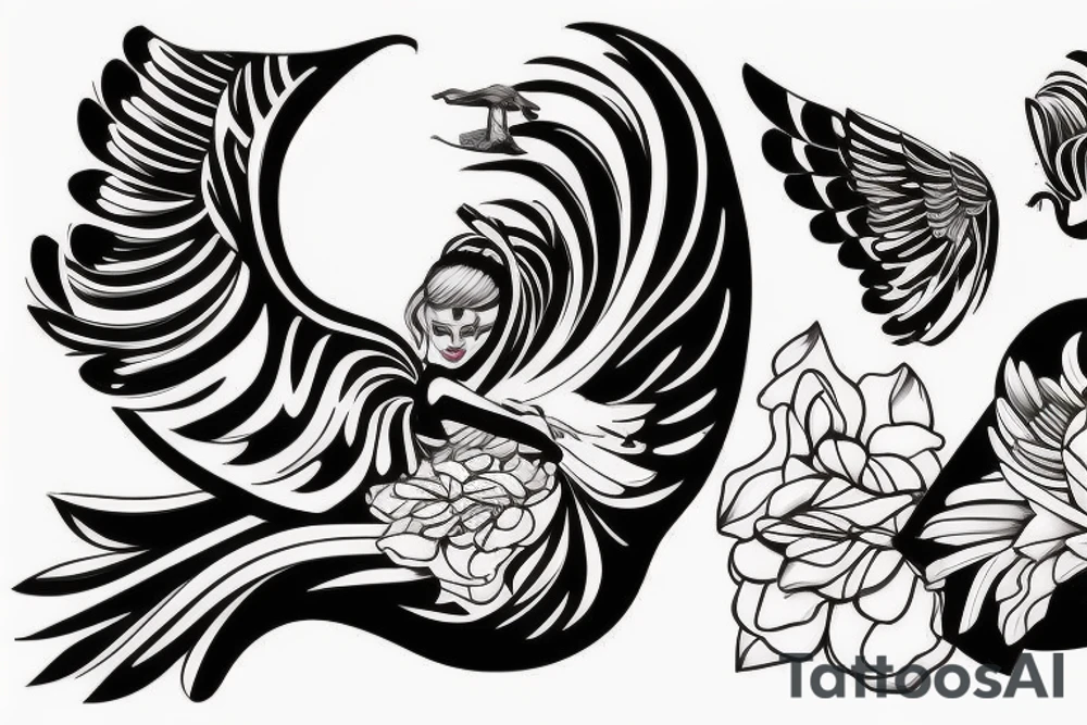 bras droit (le bien), qqn en lévitation avec des ailes d'ange et un masque a gaz qui marche de face avec un paysage pour le futur les bras levé pour acceulir tattoo idea
