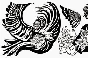 bras droit (le bien), qqn en lévitation avec des ailes d'ange et un masque a gaz qui marche de face avec un paysage pour le futur les bras levé pour acceulir tattoo idea