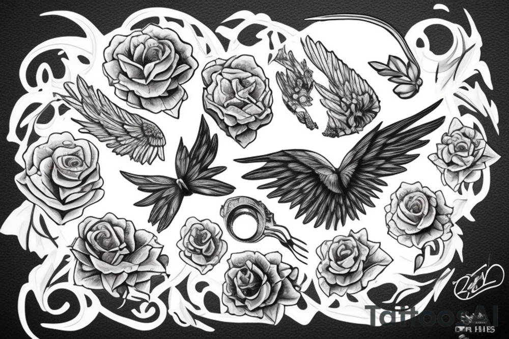 bras droit (le bien), qqn en lévitation avec des ailes d'ange et un masque a gaz qui marche de face avec un paysage pour le futur les bras levé pour acceulir tattoo idea