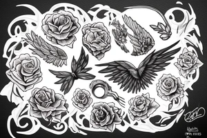 bras droit (le bien), qqn en lévitation avec des ailes d'ange et un masque a gaz qui marche de face avec un paysage pour le futur les bras levé pour acceulir tattoo idea