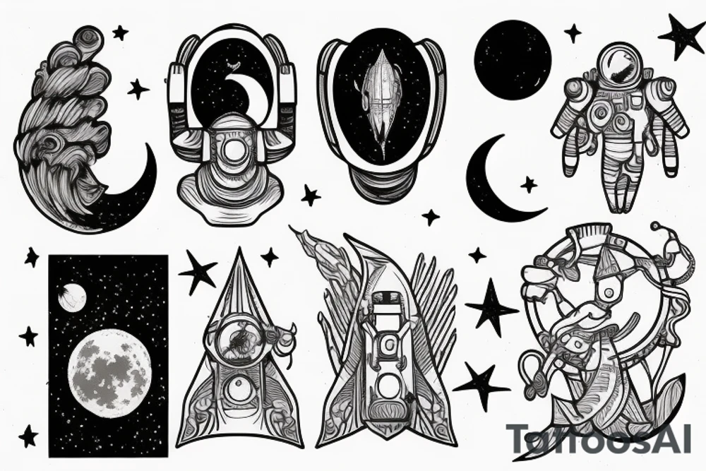 Astronaut, Space, ancient art, Philosophy, Moon, stars, plants tattoo idea
