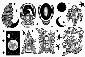 Astronaut, Space, ancient art, Philosophy, Moon, stars, plants tattoo idea