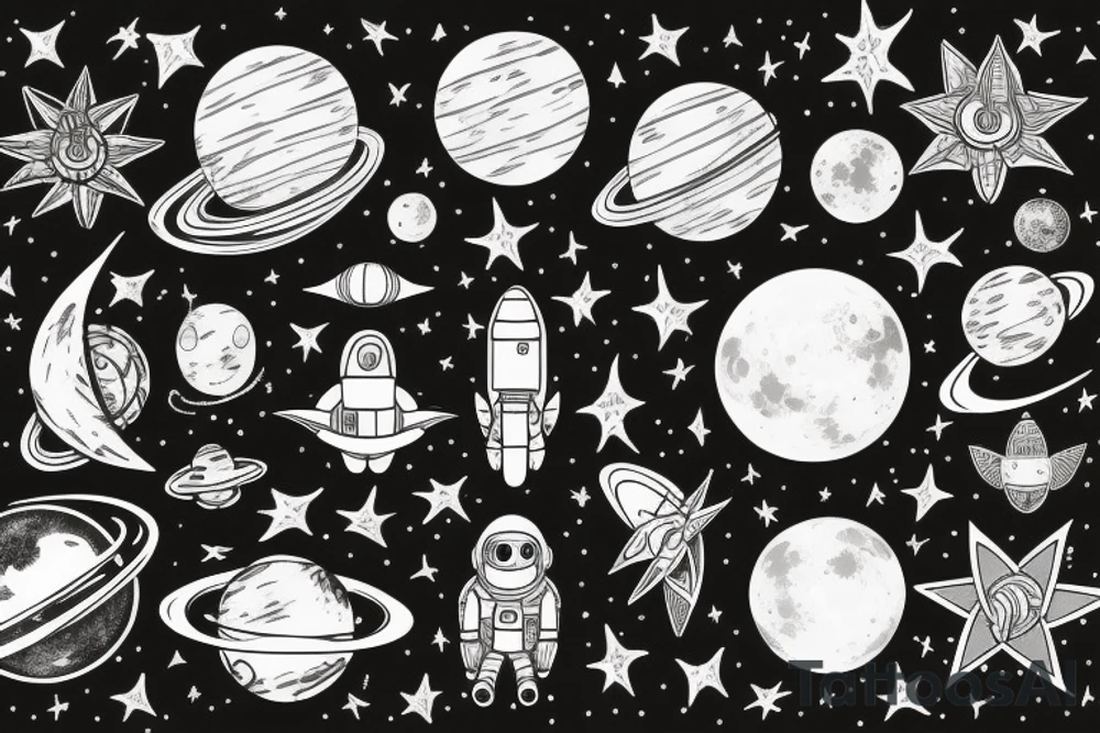 Astronaut, Space, ancient art, Philosophy, Moon, stars, plants tattoo idea