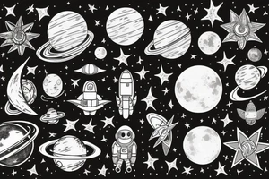 Astronaut, Space, ancient art, Philosophy, Moon, stars, plants tattoo idea