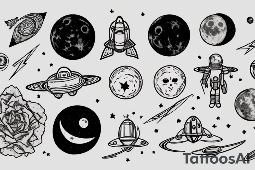 Astronaut, Space, ancient art, Philosophy, Moon, stars, plants tattoo idea