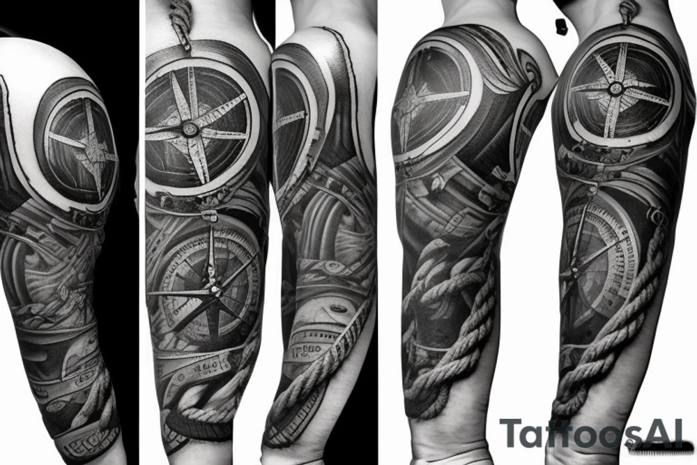 Nautical ship with compass and rope tattoo idea