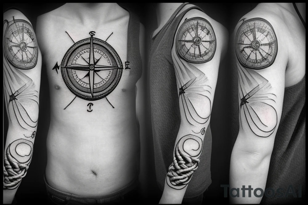 Nautical ship with compass and rope tattoo idea