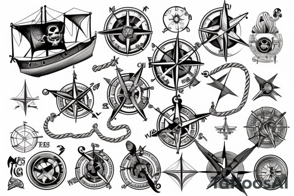 Pirate ship with compass and rope tattoo idea
