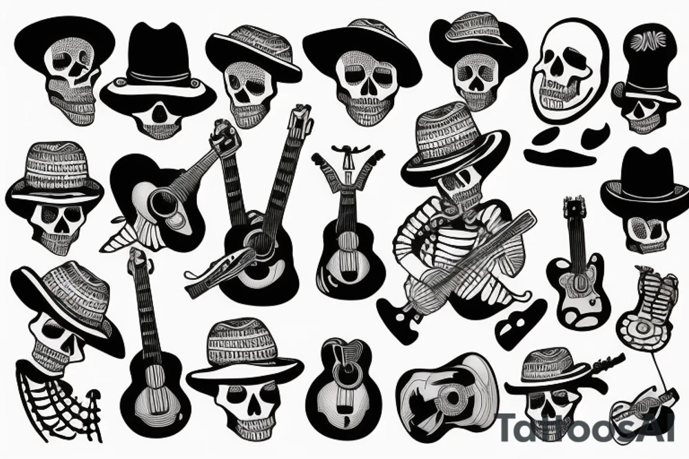 Skeleton man playing guitar with a sombrero tattoo idea Skeleton man playing guitar with a sombrero tattoo idea