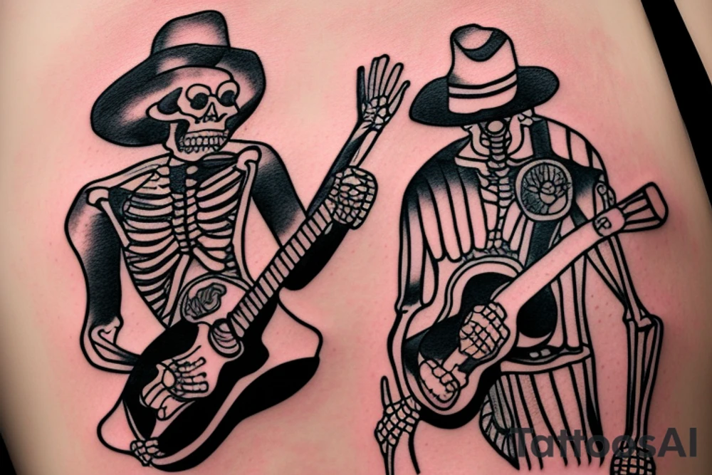 Skeleton man playing guitar with a sombrero tattoo idea