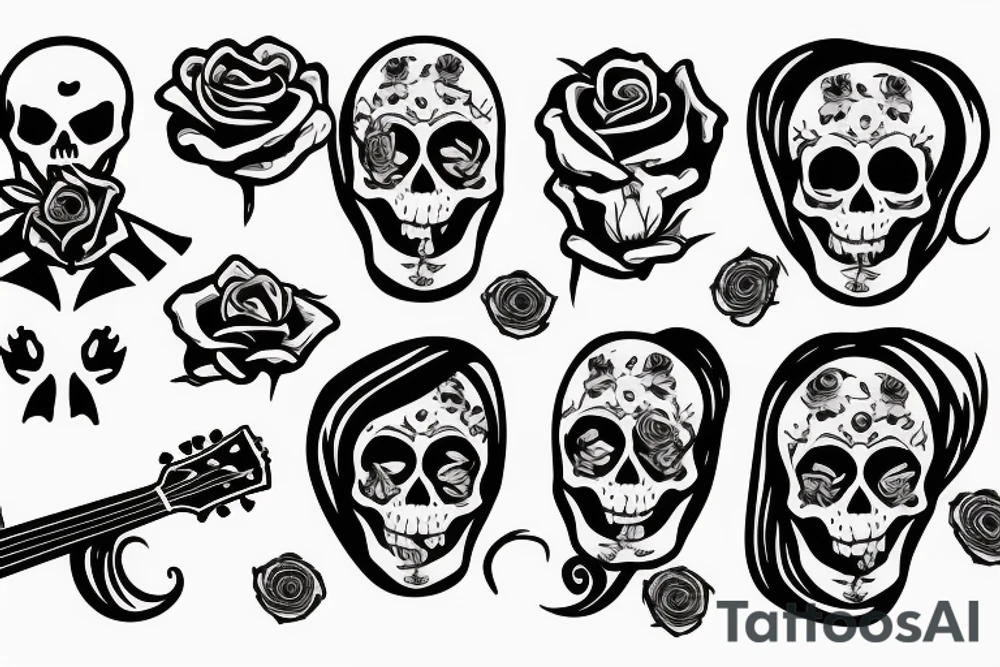 Skeleton man playing guitar with a rose and a joint tattoo idea