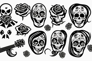 Skeleton man playing guitar with a rose and a joint tattoo idea