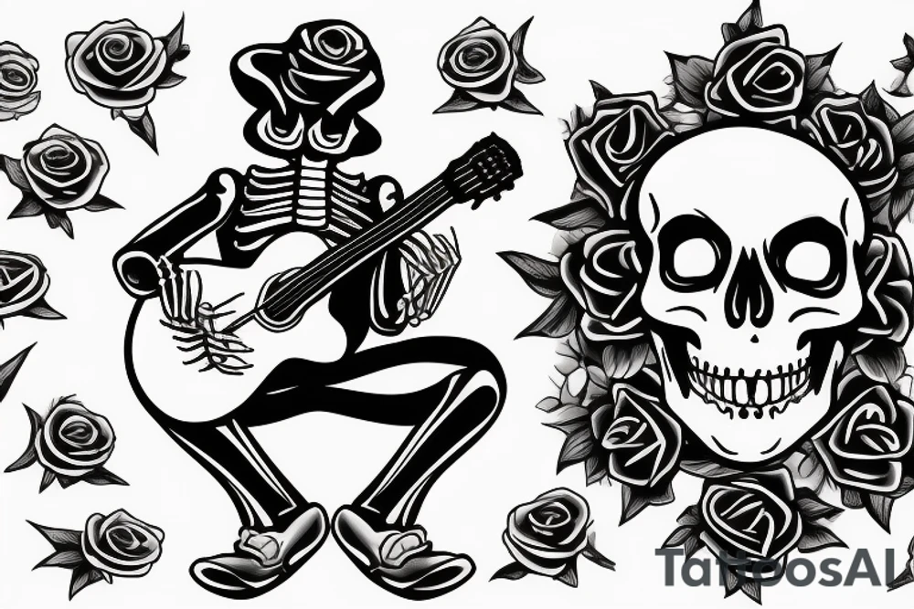 Skeleton man playing guitar with a rose and a joint tattoo idea