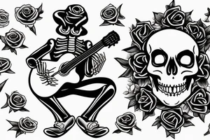 Skeleton man playing guitar with a rose and a joint tattoo idea