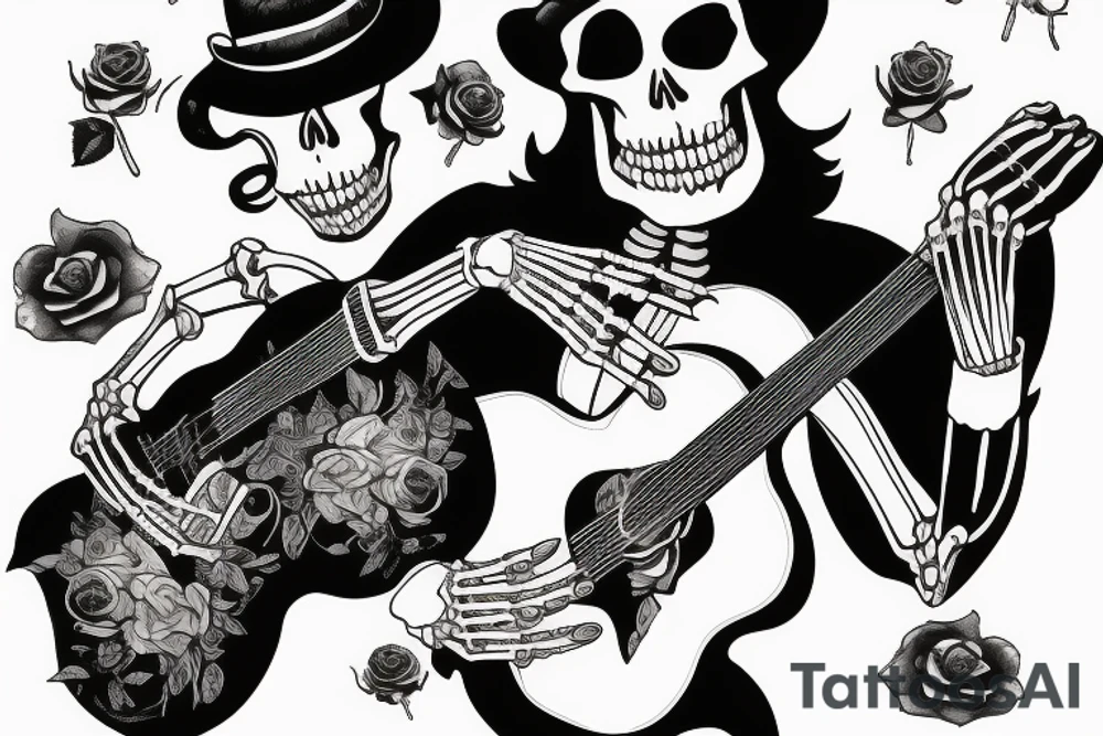 Skeleton man playing guitar with a rose and a cigar tattoo idea Skeleton man playing guitar with a rose and a cigar tattoo idea