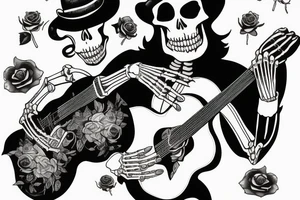 Skeleton man playing guitar with a rose and a cigar tattoo idea
