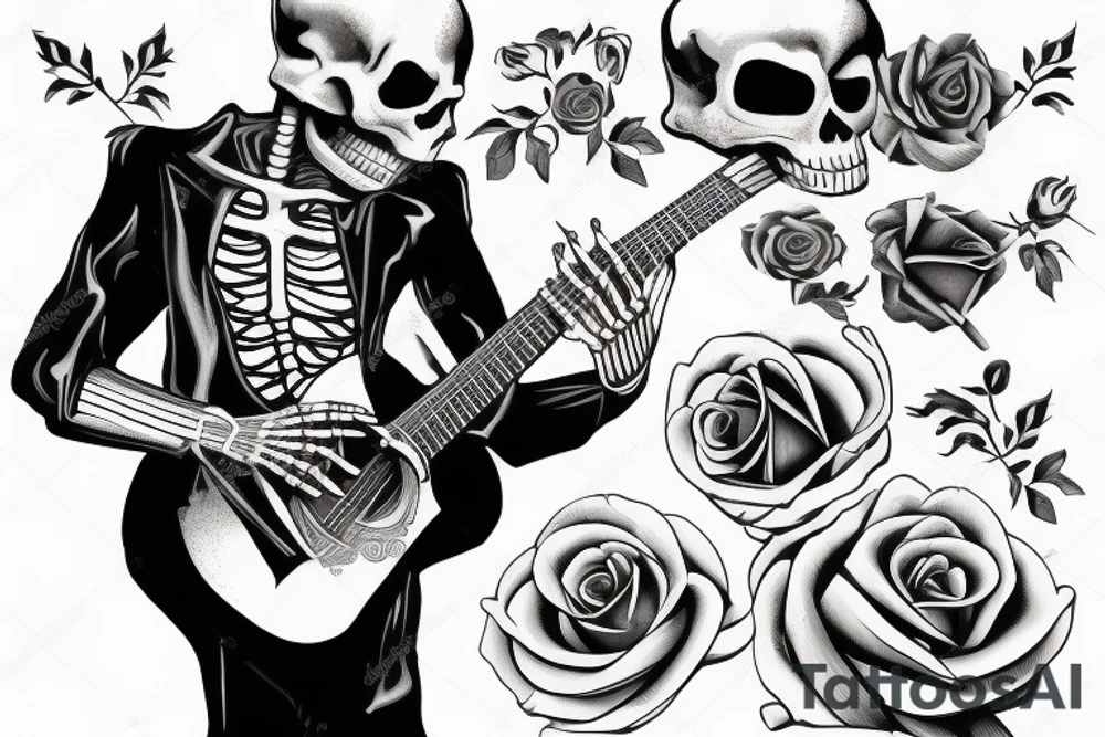 Skeleton man playing guitar with a rose and a cigar tattoo idea Skeleton man playing guitar with a rose and a cigar tattoo idea