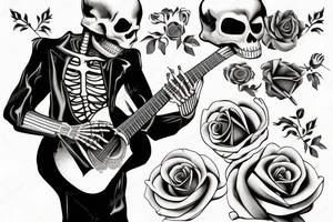 Skeleton man playing guitar with a rose and a cigar tattoo idea