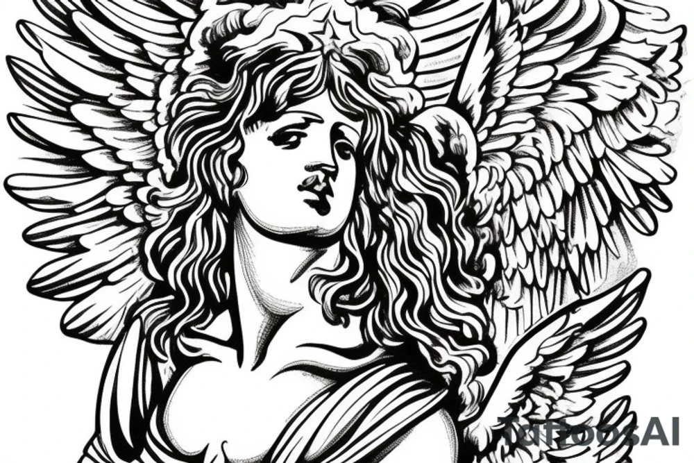 greek statue of an angel with 3 stars above head tattoo idea