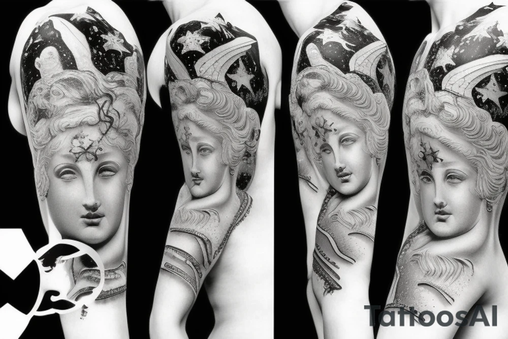 greek statue of an angel with 3 stars above head tattoo idea