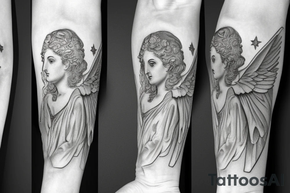 greek statue of an angel with 3 stars above head tattoo idea