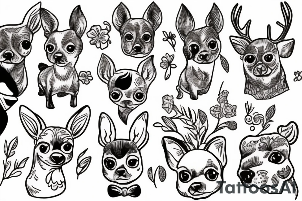 Deerhead chihuahua and a guava and a jasmine flower tattoo idea