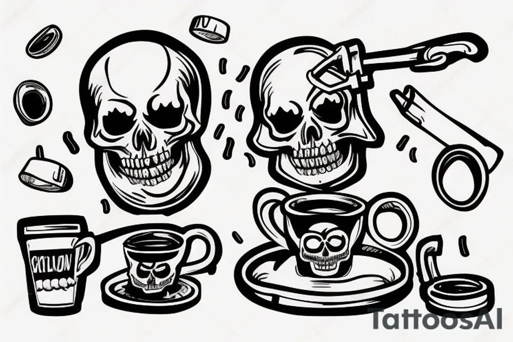 A skeleton holding a wrench relaxing in a skull shaped cup of coffee tattoo idea
