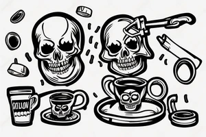 A skeleton holding a wrench relaxing in a skull shaped cup of coffee tattoo idea
