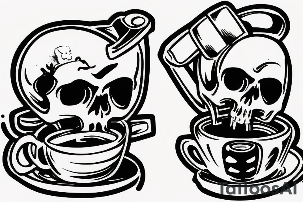 A skeleton holding a wrench relaxing in a skull shaped cup of coffee tattoo idea