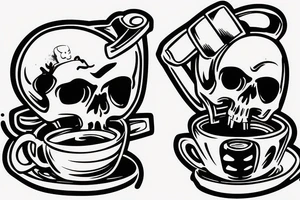 A skeleton holding a wrench relaxing in a skull shaped cup of coffee tattoo idea