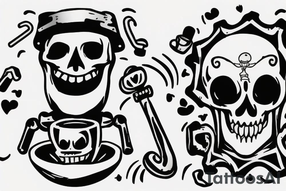 A skeleton holding a wrench relaxing in a skull shaped cup of coffee tattoo idea