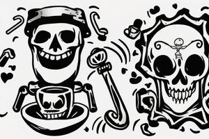 A skeleton holding a wrench relaxing in a skull shaped cup of coffee tattoo idea