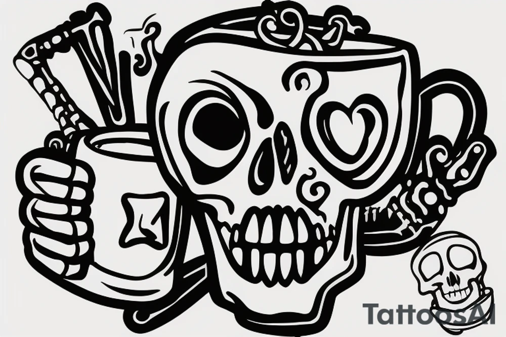 A skeleton holding a wrench relaxing in a skull shaped cup of coffee tattoo idea
