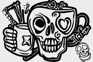 A skeleton holding a wrench relaxing in a skull shaped cup of coffee tattoo idea