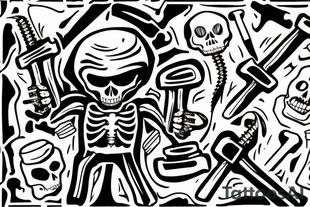 A skeleton holding a wrench in one hand and a coffee in the other tattoo idea
