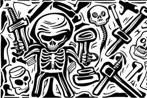 A skeleton holding a wrench in one hand and a coffee in the other tattoo idea