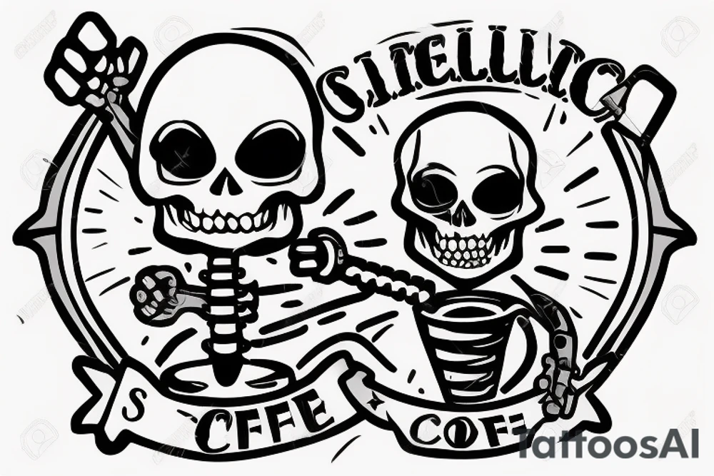 A skeleton holding a wrench in one hand and a coffee in the other tattoo idea