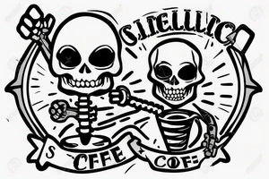 A skeleton holding a wrench in one hand and a coffee in the other tattoo idea