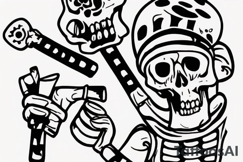 A skeleton holding a wrench in one hand and a coffee in the other tattoo idea