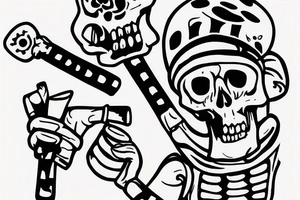 A skeleton holding a wrench in one hand and a coffee in the other tattoo idea
