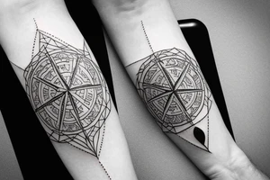 fine line compass with geometric ornaments small on inner bicep tattoo idea