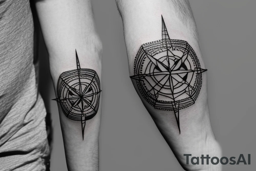 fine line compass with geometric ornaments small on inner bicep tattoo idea
