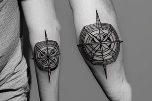 fine line compass with geometric ornaments small on inner bicep tattoo idea