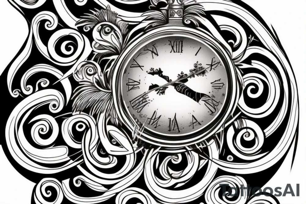 clock with Latin characters combined with a tree, tree trunk to wrap around tattoo idea