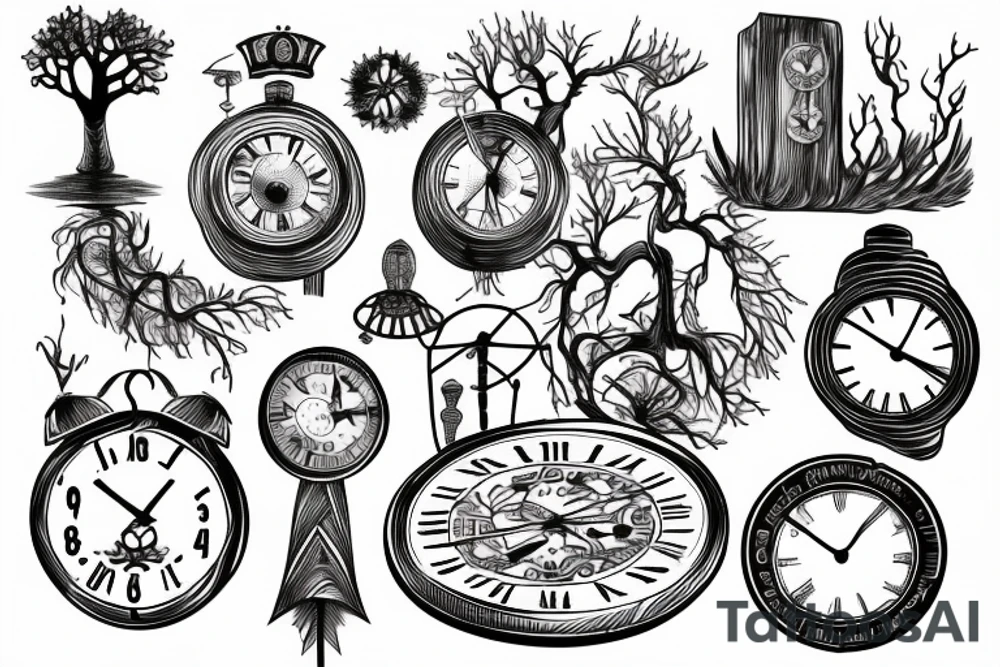 clock with Latin characters combined with a tree, tree trunk to wrap around tattoo idea